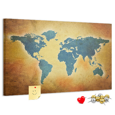 Bacheca in sughero con mappa del mondo su sfondo carta marrone