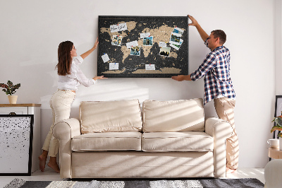 Bacheca in sughero mappa del mondo nera con dettagli dorati