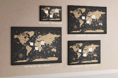 Bacheca in sughero mappa del mondo nera con dettagli dorati