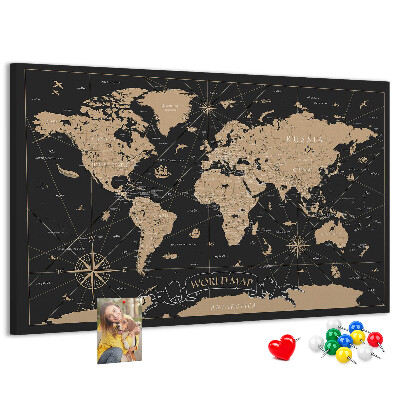 Bacheca in sughero mappa del mondo nera con dettagli dorati