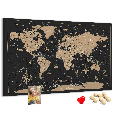 Bacheca in sughero mappa del mondo nera con dettagli dorati