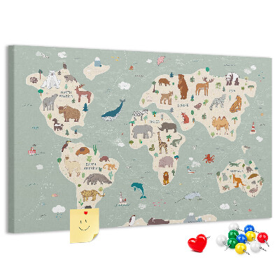 Lavagna di sughero mappa del mondo colorata con animali