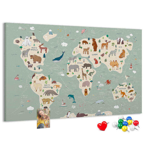 Lavagna di sughero mappa del mondo colorata con animali