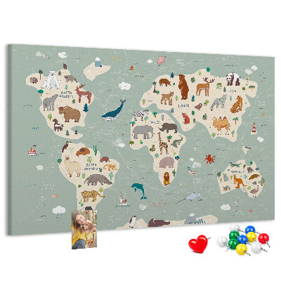 Lavagna di sughero mappa del mondo colorata con animali