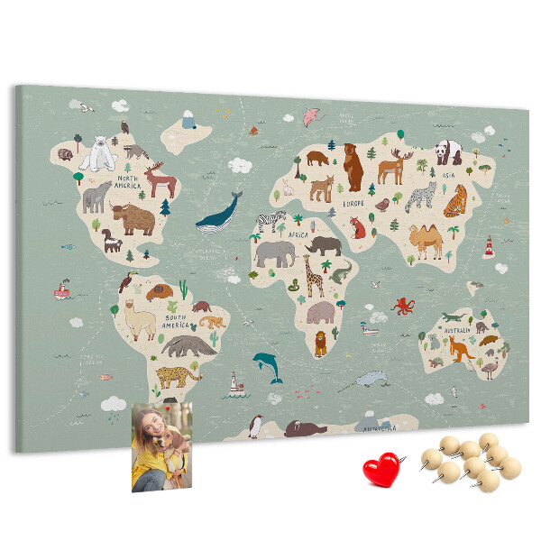 Lavagna di sughero mappa del mondo colorata con animali
