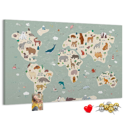 Lavagna di sughero mappa del mondo colorata con animali