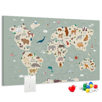 Lavagna di sughero mappa del mondo colorata con animali