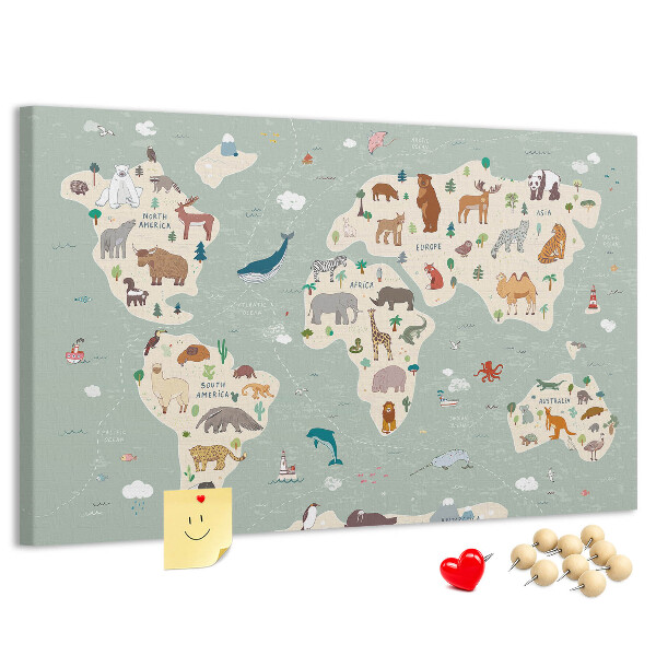 Lavagna di sughero mappa del mondo colorata con animali