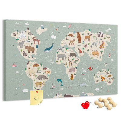 Lavagna di sughero mappa del mondo colorata con animali