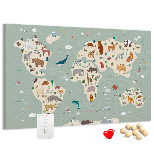 Lavagna di sughero mappa del mondo colorata con animali
