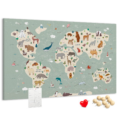 Lavagna di sughero mappa del mondo colorata con animali