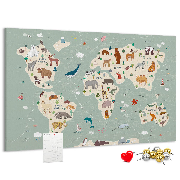 Lavagna di sughero mappa del mondo colorata con animali