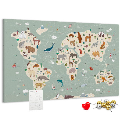Lavagna di sughero mappa del mondo colorata con animali