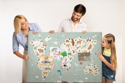 Lavagna di sughero mappa del mondo colorata con animali