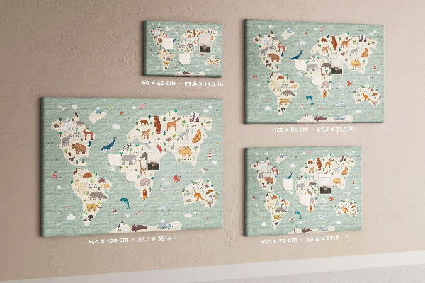 Lavagna di sughero mappa del mondo colorata con animali