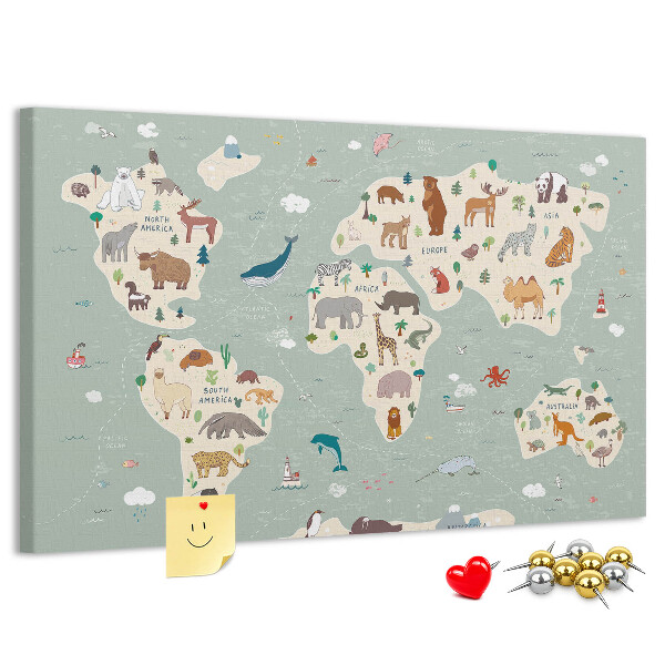 Lavagna di sughero mappa del mondo colorata con animali