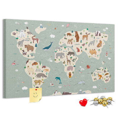 Lavagna di sughero mappa del mondo colorata con animali