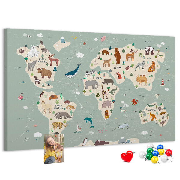 Lavagna di sughero mappa del mondo colorata con animali