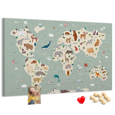 Lavagna di sughero mappa del mondo colorata con animali