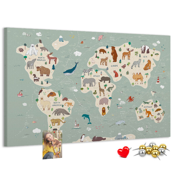 Lavagna di sughero mappa del mondo colorata con animali