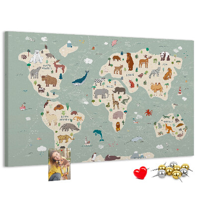 Lavagna di sughero mappa del mondo colorata con animali