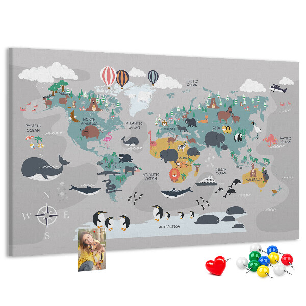 Lavagna di sughero mappa del mondo con illustrazioni di animali