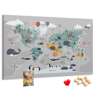 Lavagna di sughero mappa del mondo con illustrazioni di animali