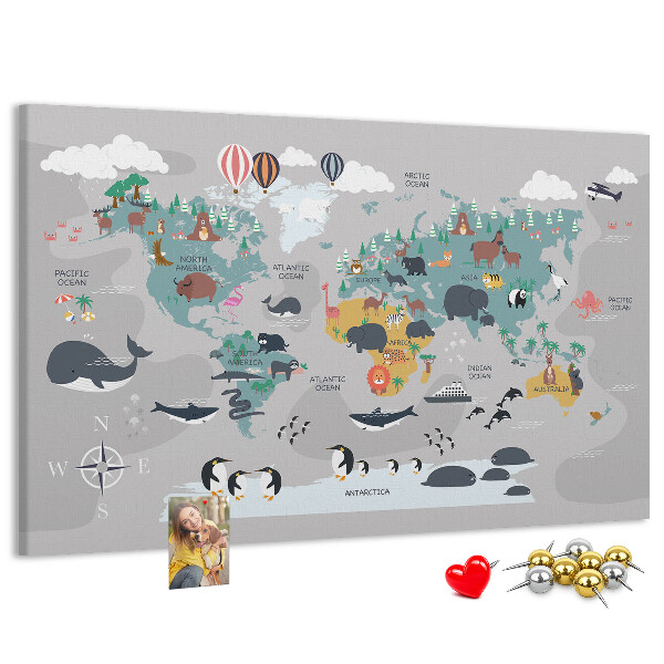 Lavagna di sughero mappa del mondo con illustrazioni di animali