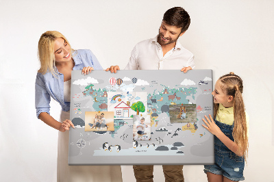 Lavagna di sughero mappa del mondo con illustrazioni di animali