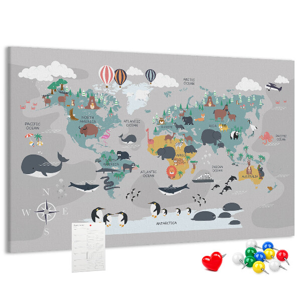 Lavagna di sughero mappa del mondo con illustrazioni di animali