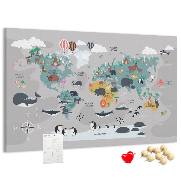 Lavagna di sughero mappa del mondo con illustrazioni di animali