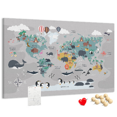 Lavagna di sughero mappa del mondo con illustrazioni di animali