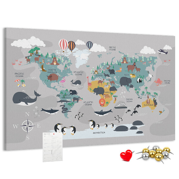 Lavagna di sughero mappa del mondo con illustrazioni di animali