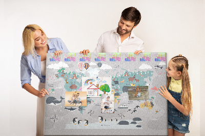 Lavagna di sughero mappa del mondo con illustrazioni di animali