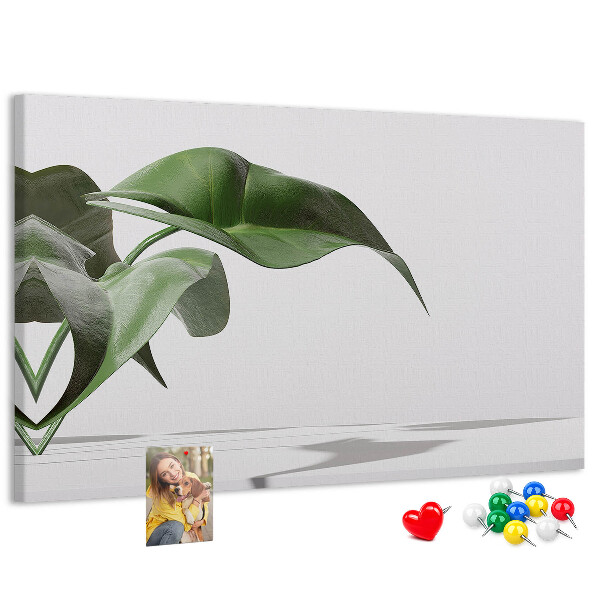 Lavagna di sughero con foglie delicate su sfondo minimalista
