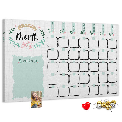 Bacheca in sughero calendario mensile con spazio per appunti