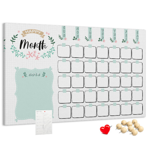 Bacheca in sughero calendario mensile con spazio per appunti