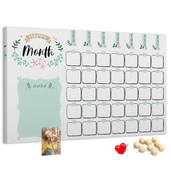 Bacheca in sughero calendario mensile con spazio per appunti