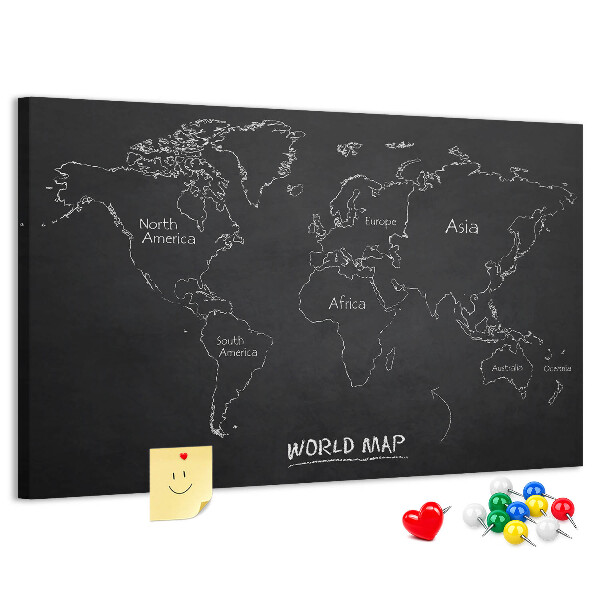 Lavagna di sughero mappa del mondo su sfondo nero