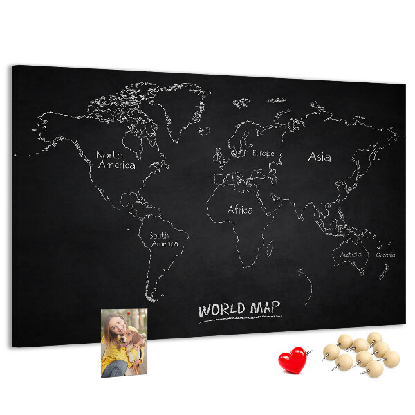 Lavagna di sughero mappa del mondo su sfondo nero