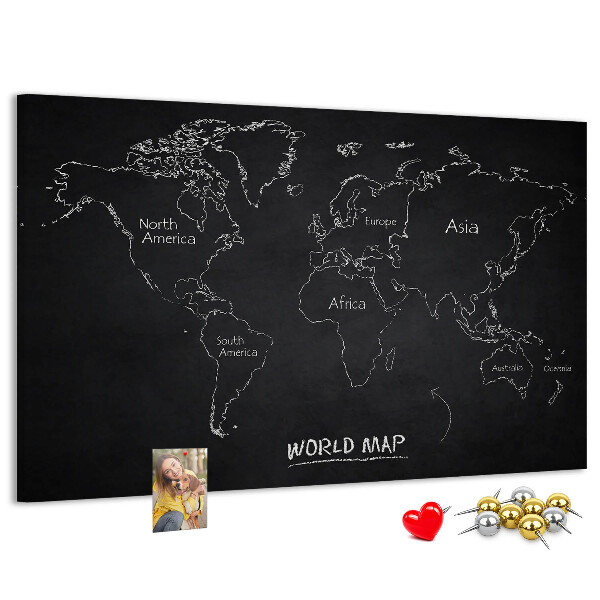 Lavagna di sughero mappa del mondo su sfondo nero