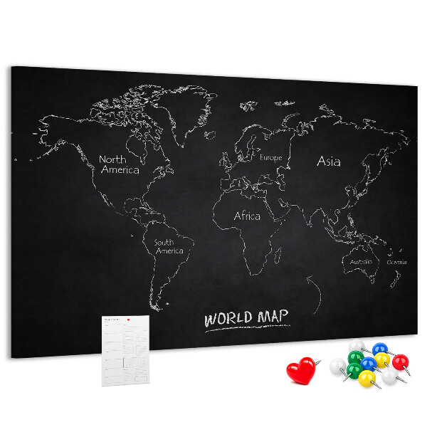Lavagna di sughero mappa del mondo su sfondo nero