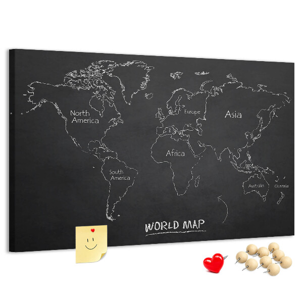 Lavagna di sughero mappa del mondo su sfondo nero