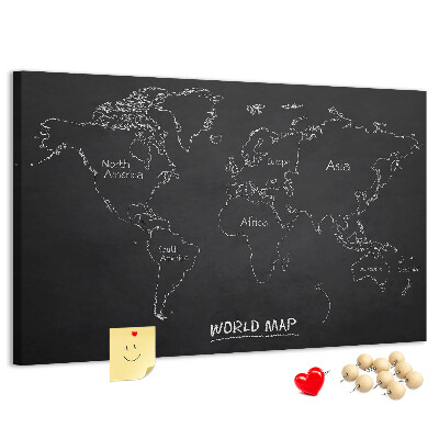 Lavagna di sughero mappa del mondo su sfondo nero