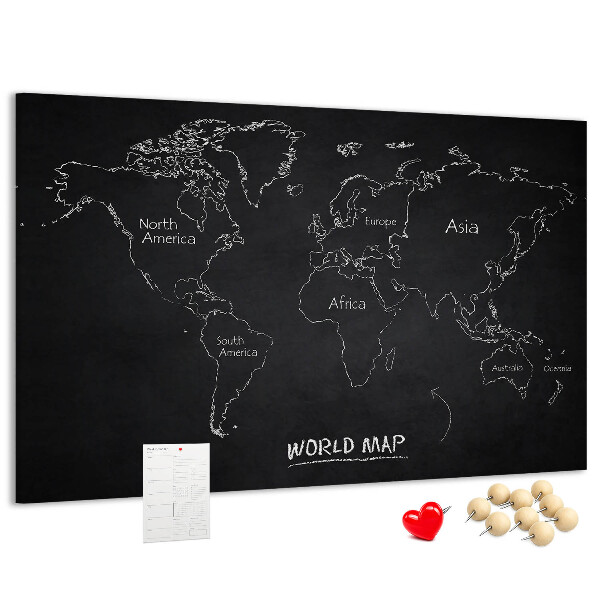 Lavagna di sughero mappa del mondo su sfondo nero