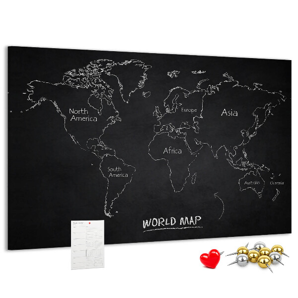 Lavagna di sughero mappa del mondo su sfondo nero