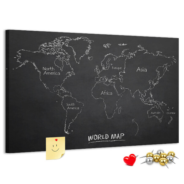 Lavagna di sughero mappa del mondo su sfondo nero