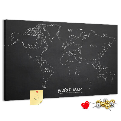 Lavagna di sughero mappa del mondo su sfondo nero