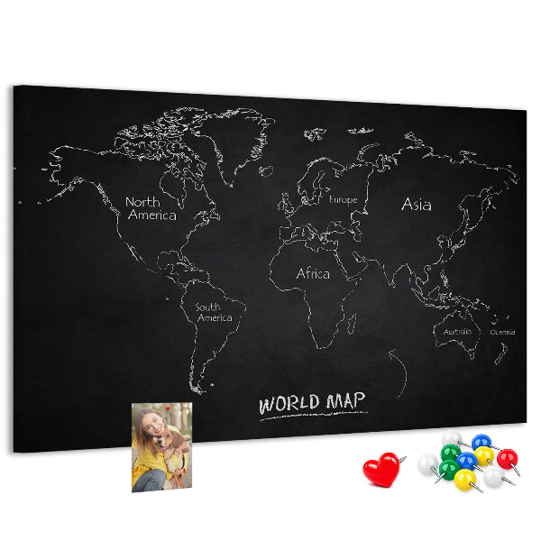 Lavagna di sughero mappa del mondo su sfondo nero