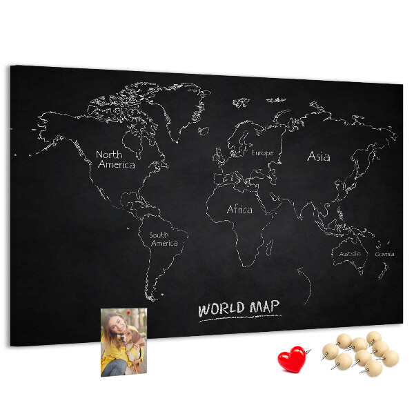 Lavagna di sughero mappa del mondo su sfondo nero